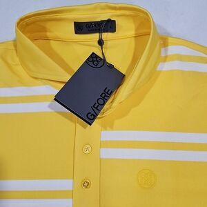 G/Fore Men Large Yellow Offset Stripe Golf Tech Pique Short Sleeve Golf‎ Polo